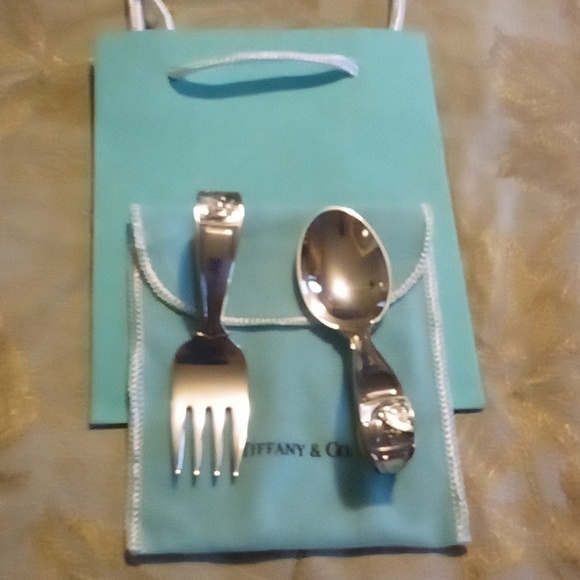 Tiffany Sterling baby spoon & Fork Mother Goose vtg with flannel pouch & bag - Picture 8 of 8